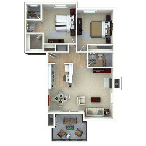Floor plan for 2 beds, 2 baths, 925 sqft